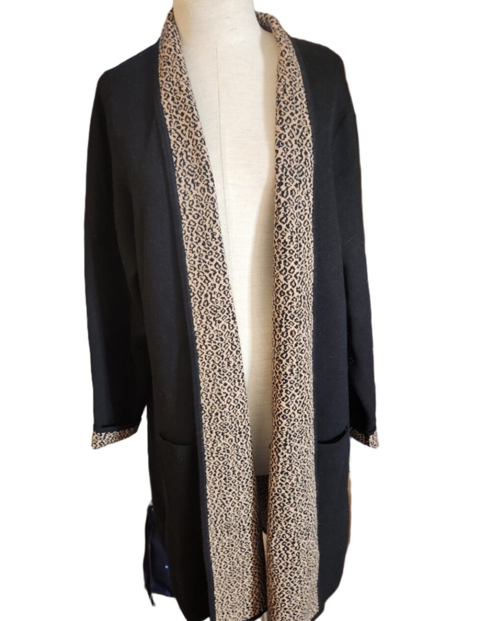 Rachel Zoe Black Open Front Cardigan with Leopard Trim - Size 3X